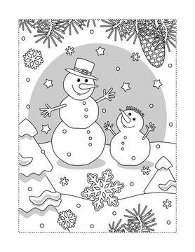 Best friends coloring page or black and white illustration with two snowmen
