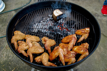 Chicken Barbecue, Chicken Wings on Grill Smoker, Chicken Barbecue Wings