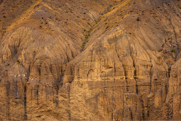 Gully erosion landscape prominent in cold desert of Spiti due to barren steep slopes and weak...