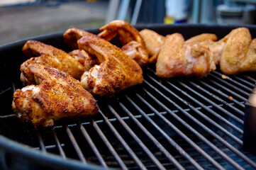 Chicken Barbecue, Chicken Wings on Grill Smoker, Chicken Barbecue Wings