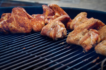 Chicken Barbecue, Chicken Wings on Grill Smoker, Chicken Barbecue Wings
