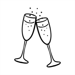 Vector illustration of champagne glasses. New Year, Christmas holiday celebration concept icon.