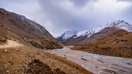 Landscape of valley of  Chandra river which confluence with bhaga river to form Chenab river in Lahaul& Spiti.  Spiti is a cold desert mountain valley located in Himalayas of Himachal Pradesh, India.