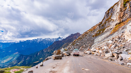 Rockfall blockes Leh Manali Highway near Rohtang Pass, Manali during landslide after heavy rain due...