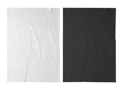 white and black paper wrinkled poster template , blank glued creased paper sheet mockup. white and black poster mockup on wall. empty paper mockup.