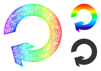 Spectral colored net mesh rotate, and solid spectral gradient rotate icon. Hatched carcass flat net abstract image based on rotate icon, is generated from crossing lines.