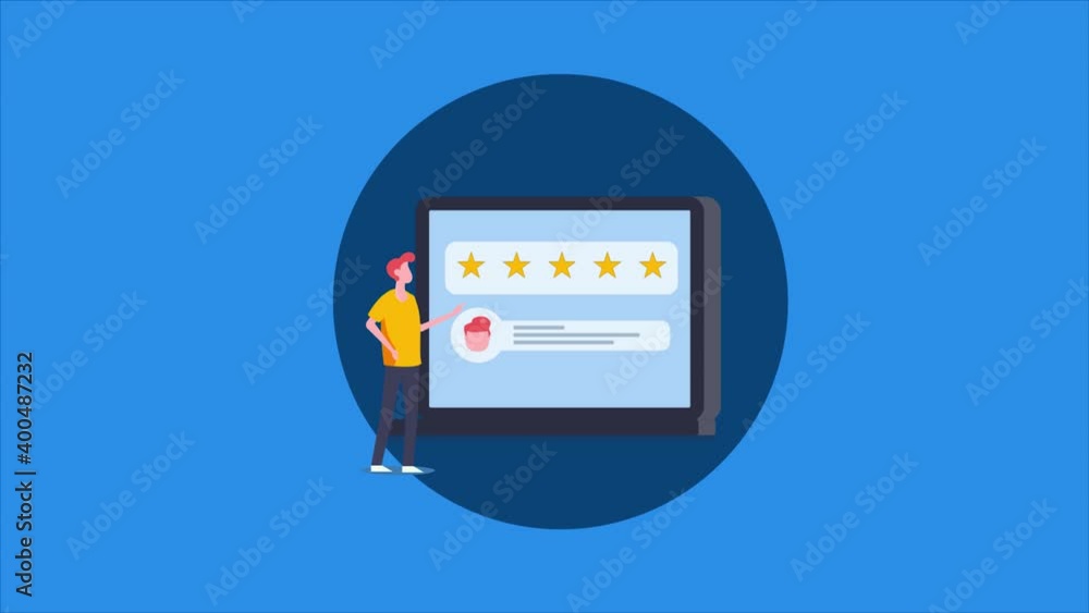 Poster online customer review and rating concept with 2d character animation, explainer clip.