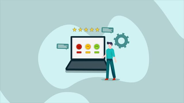 Survey customer satisfaction and giving positive feedback five star rating on laptop. 2d animation character explainer clip.