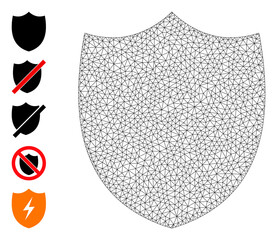 Mesh polygonal shield icon with simple glyphs created from shield vector illustration. Carcass mesh polygonal shield. Wire carcass flat network in vector format.