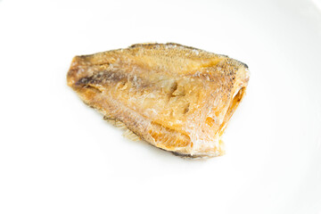 Deep Fried Trichogaster pectoralis fish on white background.