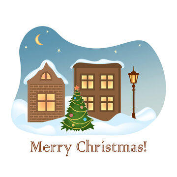 Christmas card with night town,  houses and  Christmas tree outdoor, isolated, vector illustration.