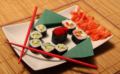sushi with chopsticks