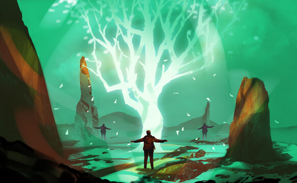 Digital illustration painting design style 3 men with magic ceremony, against glowing tree.