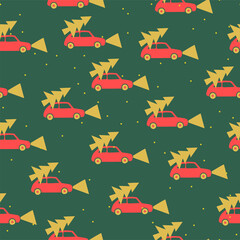 Vector seamless pattern with the red car and gold tree. Winter festive christmas green background. Fabric textile print