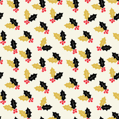 Fototapeta premium Vector seamless pattern with holly and berry. Black gold color. Winter christmas cream background