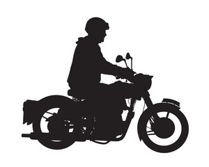 Fototapeta na wymiar Man on retro motorcycle rides on the road. Isolated object on white background