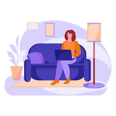 Freelancer girl with a laptop on the couch studies or works at home. Vector concept of freelance, online education. Cartoon flat style.