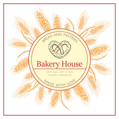 Bakery, pastry shop label, flyer template with wheat ears wreath and pretzel logo on white background. bakeshop hand drawn sketch illustration. banner for bakehouse, bread packaging design.