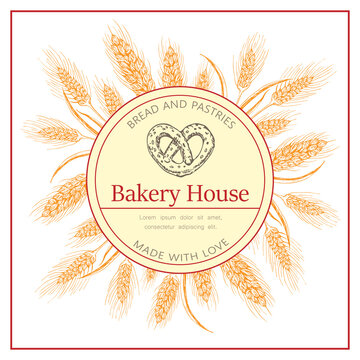 Bakery, pastry shop label, flyer template with wheat ears wreath and pretzel logo on white background. bakeshop hand drawn sketch illustration. banner for bakehouse, bread packaging design.