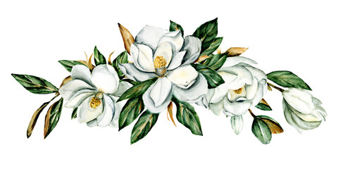 White flowers magnolia, watercolor floral clip art. Perfectly for printing design on invitation, card, wall art and other. Isolated on white background. Hand painting. © Larisa