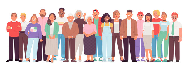 Diverse and multicultural group of people against a white background. A crowd of happy characters