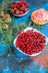 bottom view fresh raspberries currants and barberries in bowls pine tree branch small tart on blue background