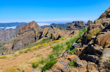 Beautiful hiking trail from Pico do Arieiro to Pico Ruivo. Madeira island, Portugal, Europe.