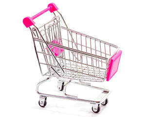 Metal shopping cart for purchases in a store on a white background.