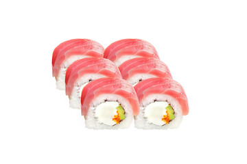 Appetizing rolls isolated on a white background. Close-up. Japanese food concept.