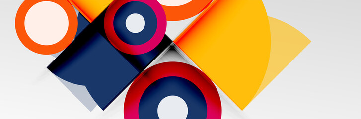 Bright color circles, abstract round shapes and triangles composition with shadow effects. Vector modern geometric design template