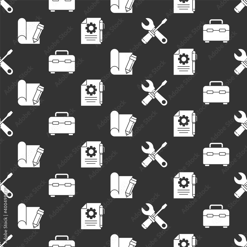 Poster set screwdriver and wrench spanner, toolbox, graphing paper and pencil and document settings and pen