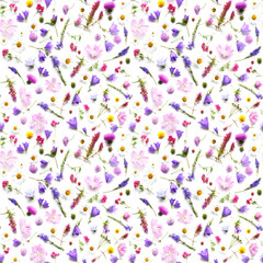 Fototapeta na wymiar Flowers flat lay. Seamless pattern from plants, wild flowers isolated on white background, top view. The concept of summer, spring, Mother's Day, March 8. 