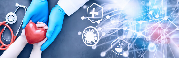 Medical concept. The doctor in gloves holds the patient's hand. The moral help of the doctor to his...