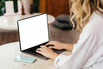 Fototapeta premium Pretty Young Beauty Woman Using Laptop in cafe, outdoor portrait business woman, hipster style, internet, smartphone, office, Bali Indonesia