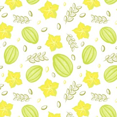 Exotic fruits seamless pattern in hand-drawn style.