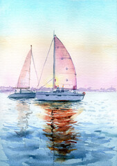 watercolor iilustration of two sailing yachts on the sunset with reflections on the vawes