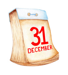 Watercolor illustration of an old calendar with tear-off pages and the date of December 31 in red. Holiday New Years day isolated on white background. Drawn by hand.