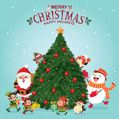Fototapeta na wymiar Vintage Christmas poster design with vector tree, Santa Claus, elf, reindeer, penguin, snowman.