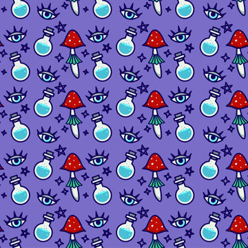 Witch mushrooms, magical eyes and potions vector seamless pattern. Amanita and stars magical print