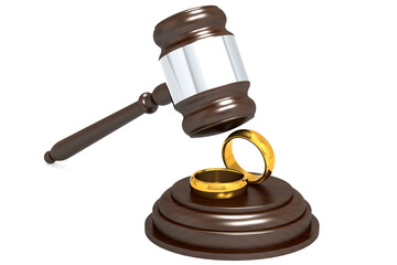 Wooden judge gavel and golden ring