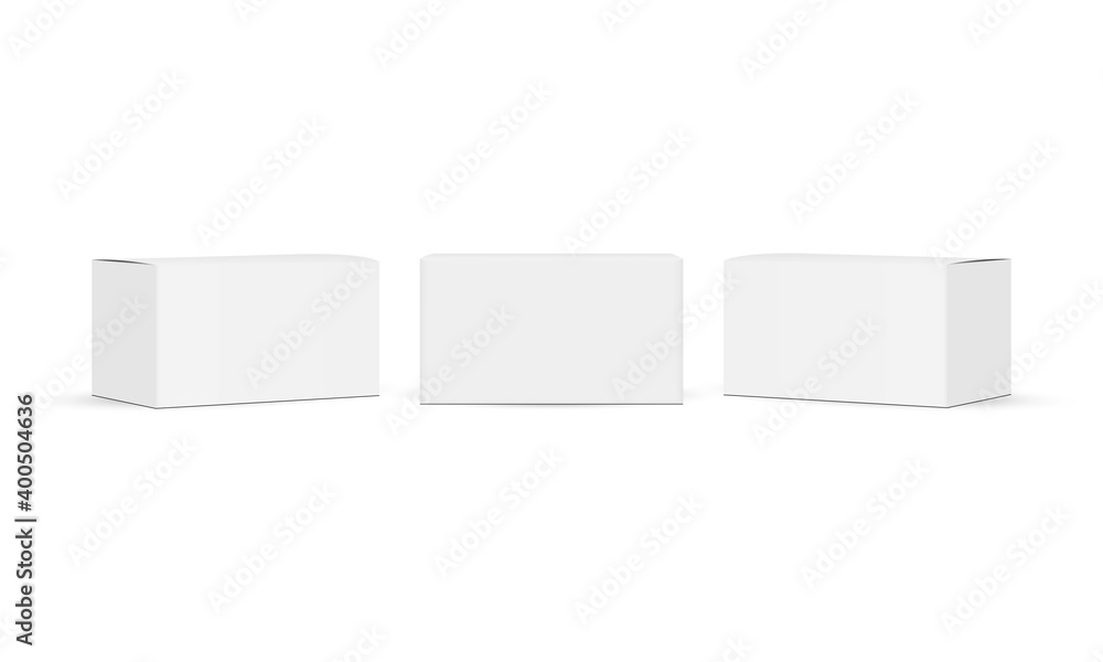 Poster three small rectangular paper boxes mockups, front and side view, isolated on white background. vect