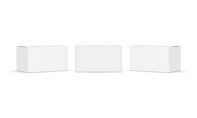 Three Small Rectangular Paper Boxes Mockups, Front and Side View, Isolated on White Background. Vector Illustration
