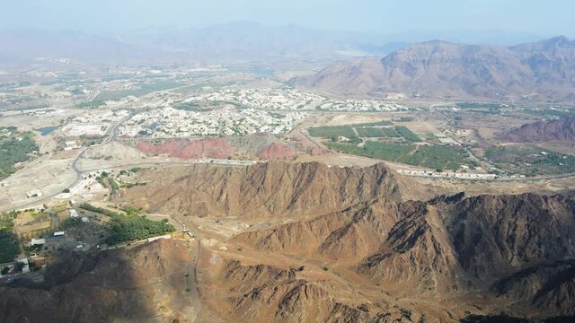 Hatta town showing behind Hajar mountains in Hatta enclave of Dubai in the UAE