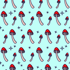 Mushrooms vector seamless pattern. Amanita flat outline repeating background