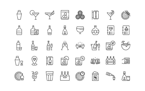 set of alcohol thin line icons, drinks, bar, restaurant
