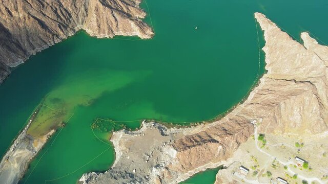 Hatta Dam Lake in eastern region of Dubai, United Arab Emirates aerial view