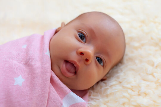 Newborn baby, wrapped in swaddling pink clothes