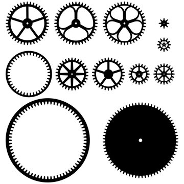 A collection of cogwheels with external and internal teeth. Vector illustration.