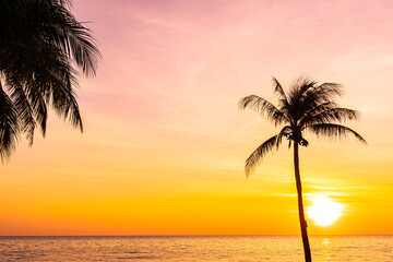 Beautiful landscape of sea ocean with silhouette coconut palm tree