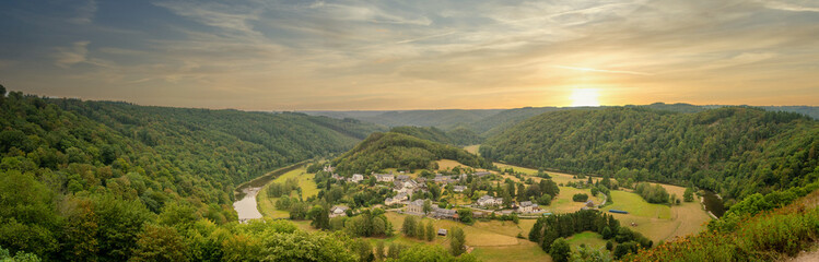 Panorama view on Frahan and Semois river from viewpoint Rochehaut, Bouillon, Wallonia, Belgium. Horseshoe bend. Province of Luxembourg © Kristof